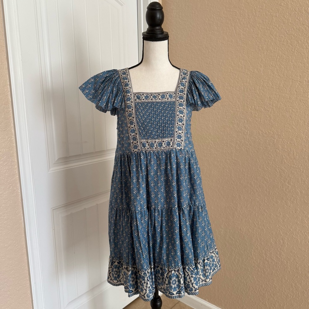 NWT Sea New York Fernanda Tile Print Blue Flutter Sleeve Floral Pleated Dress